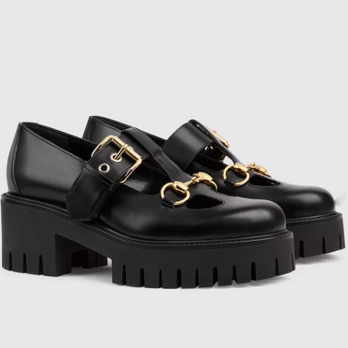 Gucci Women GG Loafer Horsebit Black Leather Rubber Lug Sole Low-Heel Ankle Buckle