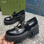Gucci Women GG Loafer Horsebit Black Leather Rubber Lug Sole Low-Heel Ankle Buckle - Imagen 6