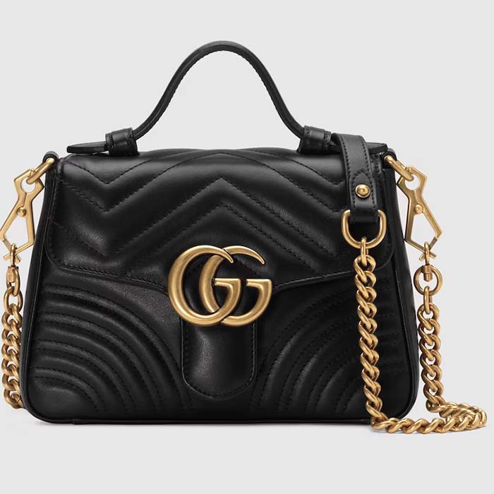 Gucci Women GG Marmont Mini Top Handle Bag Black Matelassé Chevron Leather Heart Double G