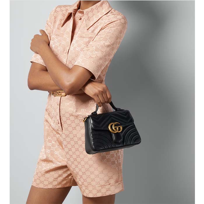 Gucci Women GG Marmont Mini Top Handle Bag Black Matelassé Chevron Leather Heart Double G (11)