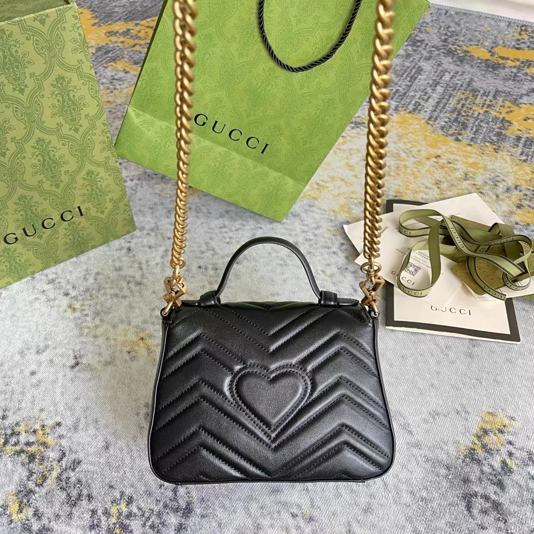Gucci Women GG Marmont Mini Top Handle Bag Black Matelassé Chevron Leather Heart Double G (12)