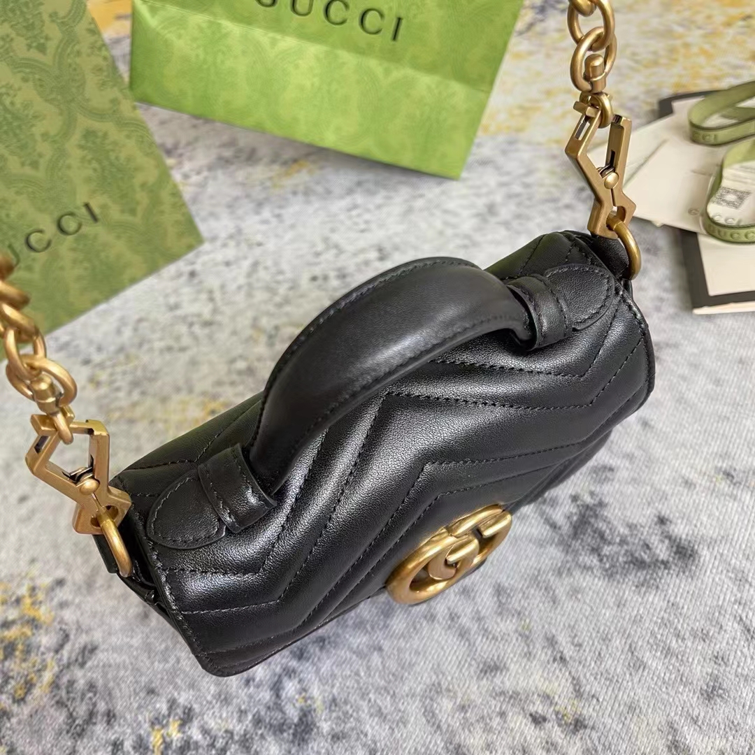 Gucci Women GG Marmont Mini Top Handle Bag Black Matelassé Chevron Leather Heart Double G (13)