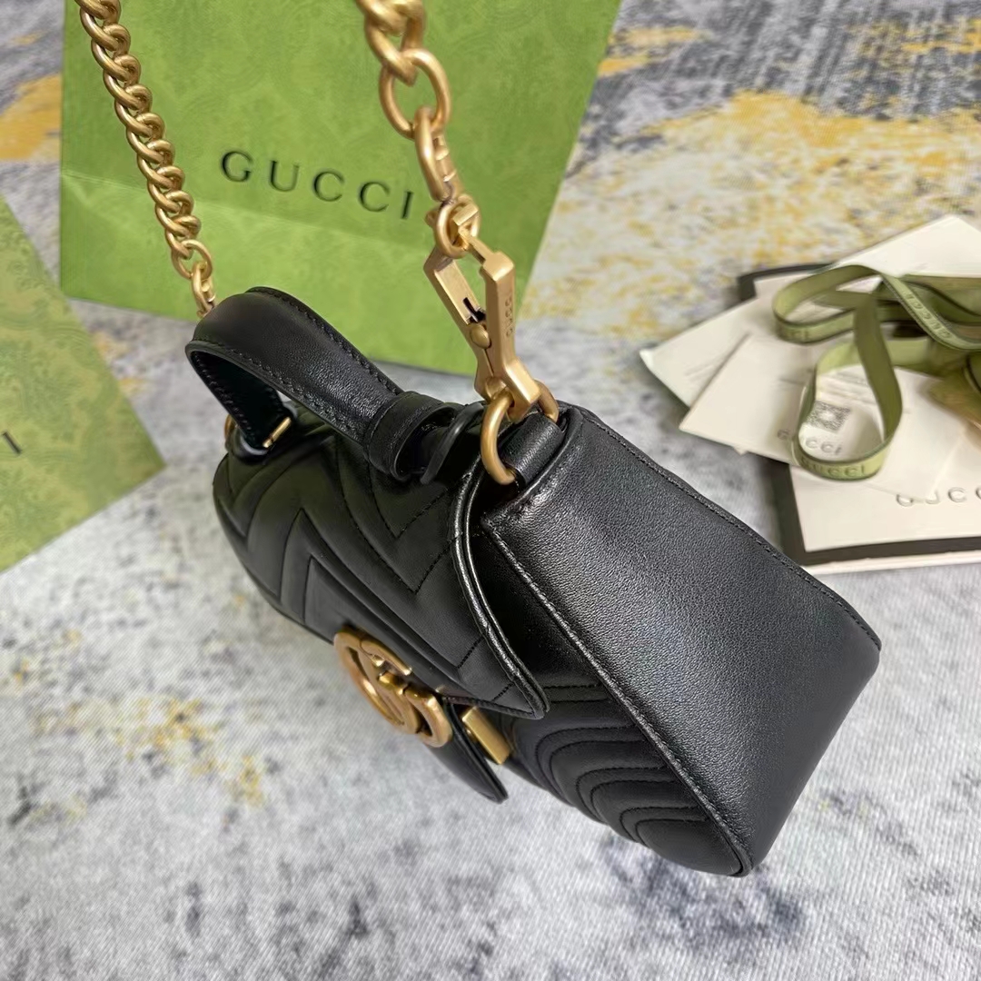 Gucci Women GG Marmont Mini Top Handle Bag Black Matelassé Chevron Leather Heart Double G (6)