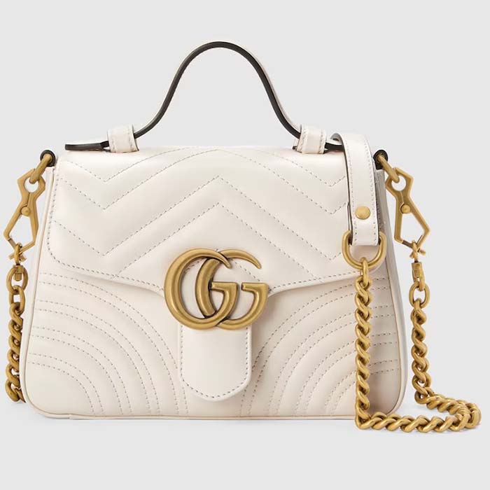 Gucci Women GG Marmont Mini Top Handle Bag White Matelassé Chevron Leather Heart Double G