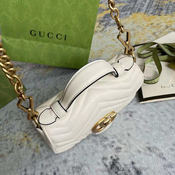 Gucci Women GG Marmont Mini Top Handle Bag White Matelassé Chevron Leather Heart Double G (13)