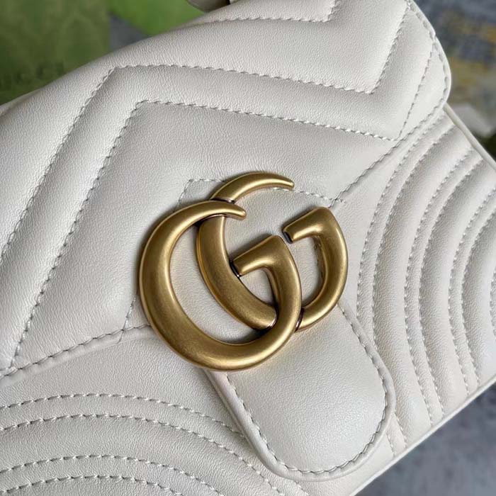 Gucci Women GG Marmont Mini Top Handle Bag White Matelassé Chevron Leather Heart Double G (2)