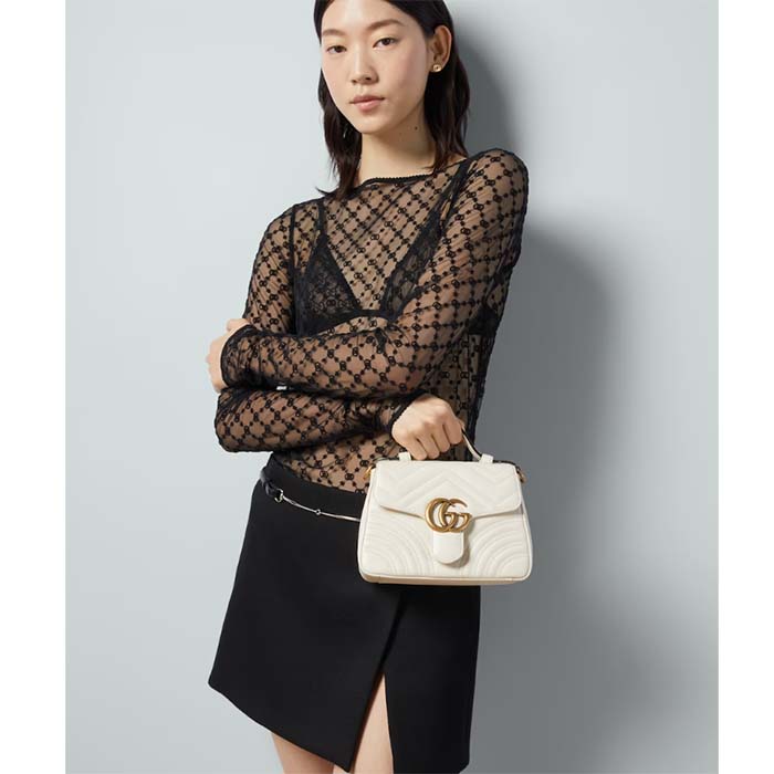 Gucci Women GG Marmont Mini Top Handle Bag White Matelassé Chevron Leather Heart Double G (3)