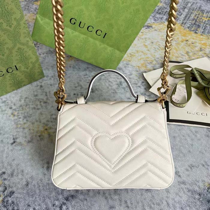 Gucci Women GG Marmont Mini Top Handle Bag White Matelassé Chevron Leather Heart Double G (7)