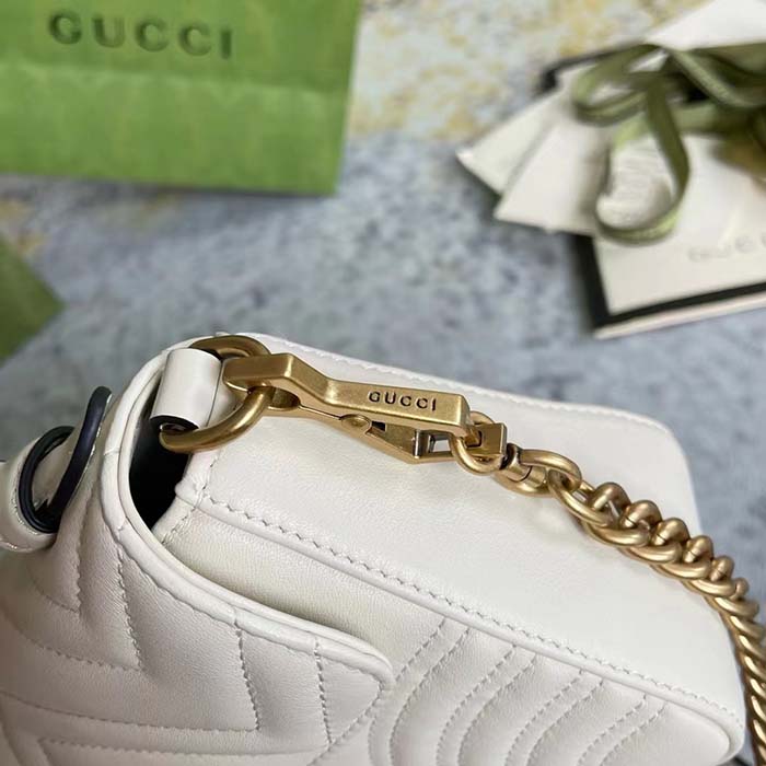 Gucci Women GG Marmont Mini Top Handle Bag White Matelassé Chevron Leather Heart Double G (8)