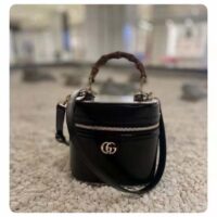 Gucci Women GG Mini Bamboo Shoulder Bag Black Leather Bamboo Handle Double G (7)