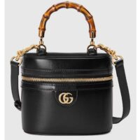 Gucci Women GG Mini Bamboo Shoulder Bag Black Leather Bamboo Handle Double G (7)