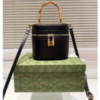 Gucci Women GG Mini Bamboo Shoulder Bag Black Leather Bamboo Handle Double G (7)