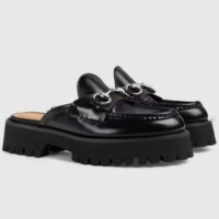 Gucci Women GG Mule Horsebit Black Leather Rubber Lug Sole Flat