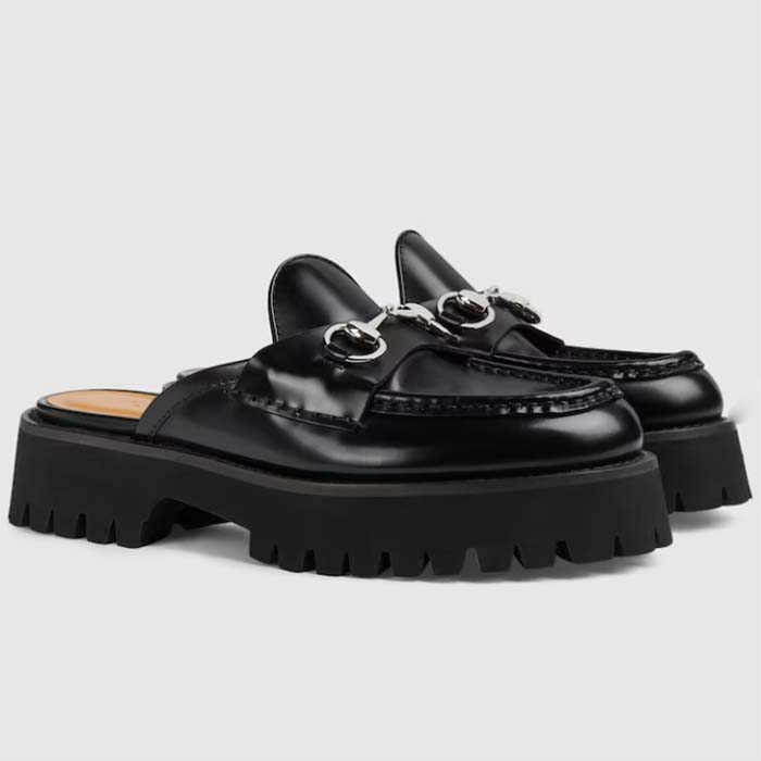 Gucci Women GG Mule Horsebit Black Leather Rubber Lug Sole Flat