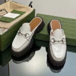 Gucci Women GG Mule Horsebit White Leather Rubber Lug Sole Flat - Image 5