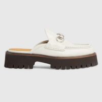 Gucci Women GG Mule Horsebit White Leather Rubber Lug Sole Flat (5)