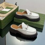 Gucci Women GG Mule Horsebit White Leather Rubber Lug Sole Flat - Image 2
