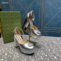 Gucci Women GG Platform Pump Double G Metallic Silver Patent Leather Crystals High Heel (2)
