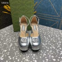 Gucci Women GG Platform Pump Double G Metallic Silver Patent Leather Crystals High Heel (2)
