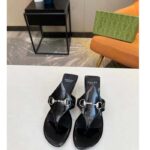 Gucci Women GG Thong Sandal Horsebit Black Leather Interlocking G Mid-Heel - Image 5