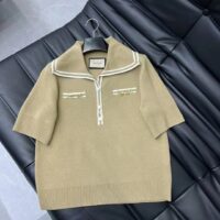 Gucci Women GG Wool Polo Shirt Horsebit Camel Wool Sailor Collar Two Front Pockets Short Sleeves (8)