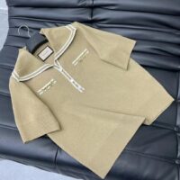 Gucci Women GG Wool Polo Shirt Horsebit Camel Wool Sailor Collar Two Front Pockets Short Sleeves (8)