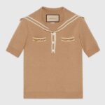 Gucci Women GG Wool Polo Shirt Horsebit Camel Wool Sailor Collar Two Front Pockets Short Sleeves