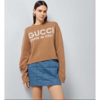 Gucci Women GG Wool Top Gucci Intarsia Camel Wool Crewneck Dropped Shoulder Long Sleeves Rib (2)