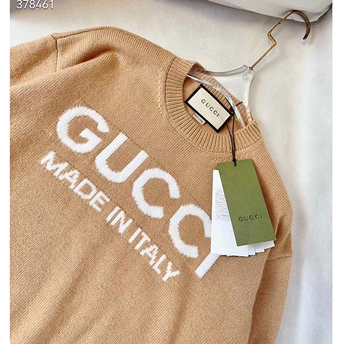 Gucci Women GG Wool Top Gucci Intarsia Camel Wool Crewneck Dropped Shoulder Long Sleeves Rib (13)