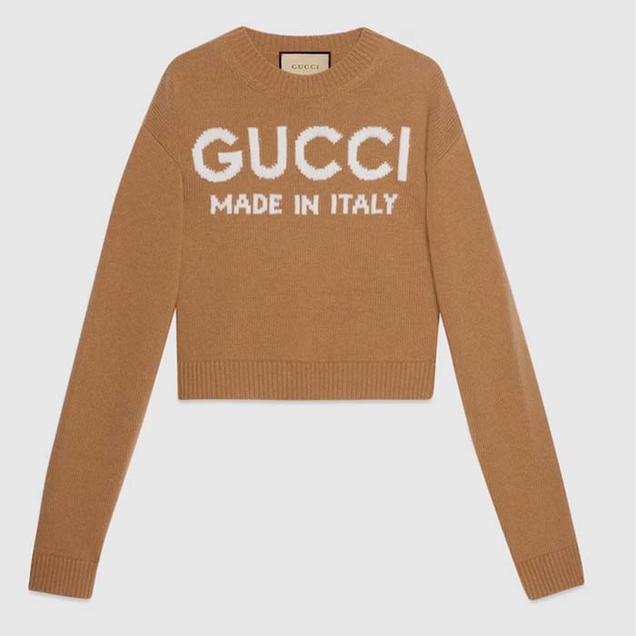 Gucci Women GG Wool Top Gucci Intarsia Camel Wool Crewneck Dropped Shoulder Long Sleeves Rib