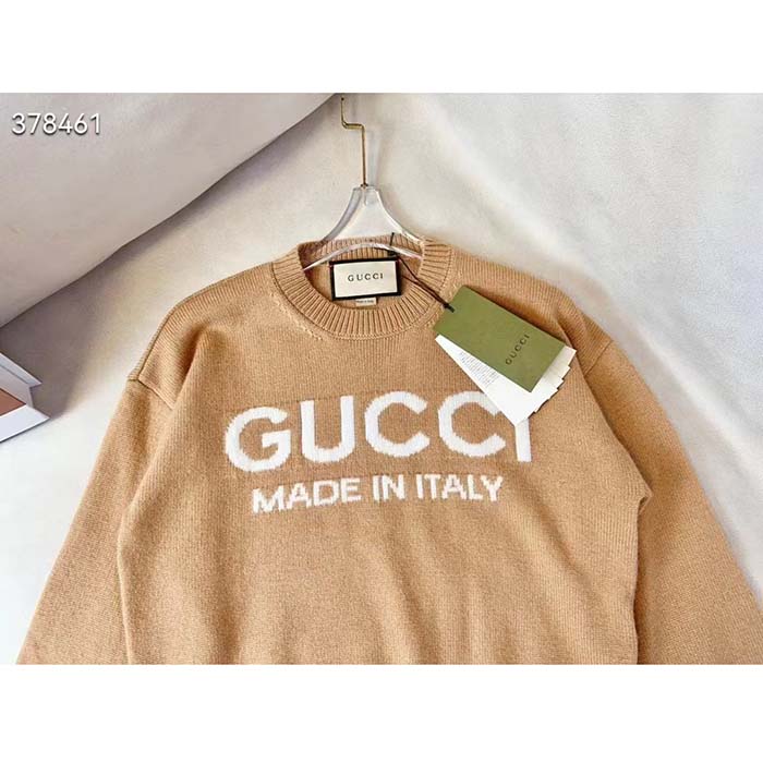 Gucci Women GG Wool Top Gucci Intarsia Camel Wool Crewneck Dropped Shoulder Long Sleeves Rib (5)
