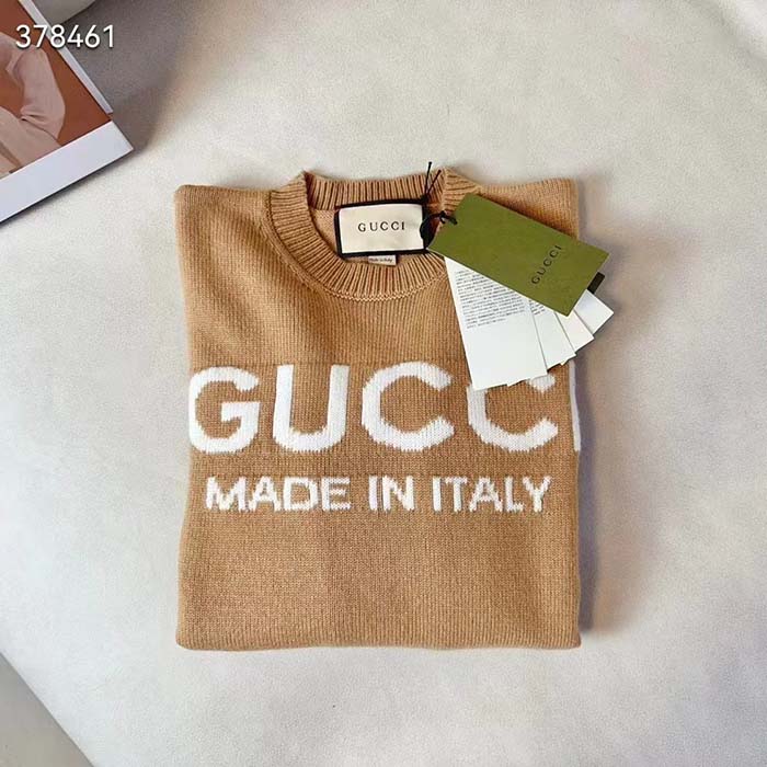 Gucci Women GG Wool Top Gucci Intarsia Camel Wool Crewneck Dropped Shoulder Long Sleeves Rib (6)