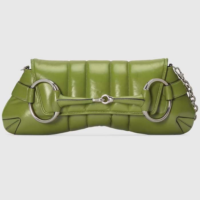 Gucci Women Horsebit Chain Medium Shoulder Bag Green Quilted Leather Maxi Horsebit