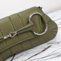 Gucci Women Horsebit Chain Medium Shoulder Bag Silver Green Quilted Leather Maxi Horsebit (13)