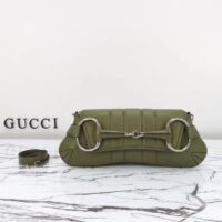 Gucci Women Horsebit Chain Medium Shoulder Bag Silver Green Quilted Leather Maxi Horsebit (13)