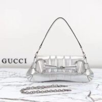 Gucci Women Horsebit Chain Medium Shoulder Bag Silver Metallic Quilted Leather Maxi Horsebit (7)