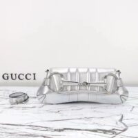 Gucci Women Horsebit Chain Medium Shoulder Bag Silver Metallic Quilted Leather Maxi Horsebit (7)