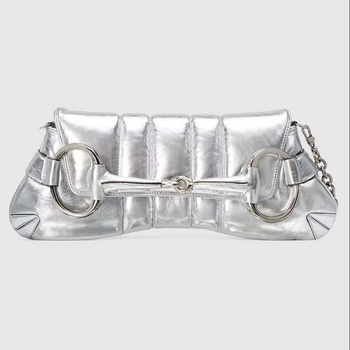Gucci Women Horsebit Chain Medium Shoulder Bag Silver Metallic Quilted Leather Maxi Horsebit