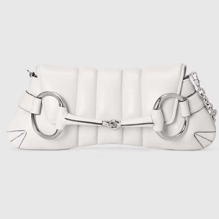 Gucci Women Horsebit Chain Medium Shoulder Bag White Quilted Leather Maxi Horsebit