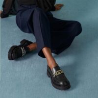 Gucci Women Lug Sole Loafer Black Leather Interlocking G Chain Rubber Flat (2)