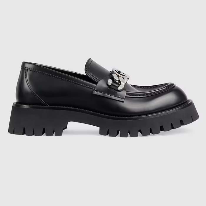 Gucci Women Lug Sole Loafer Black Leather Interlocking G Chain Rubber Flat