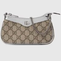 Gucci Women Ophidia Mini Bag Beige Ebony GG Supreme Canvas Metallic Silver Leather Double G