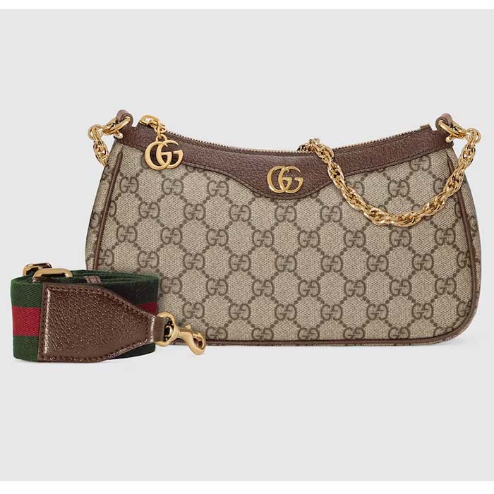 Gucci Women Ophidia Small Handbag Beige Ebony GG Supreme Canvas Double G Zip Closure