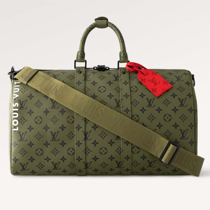 Louis Vuitton LV Unisex Keepall Bandoulière 45 Khaki Green Vermillion Red Monogram Coated Canvas