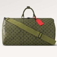 Louis Vuitton LV Unisex Keepall Bandoulière 55 Khaki Green Vermillion Red Monogram Canvas (5)