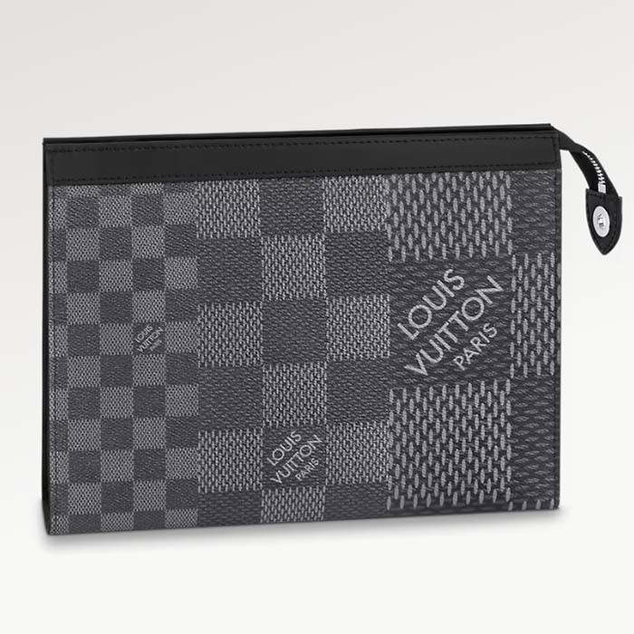 Louis Vuitton LV Unisex Pochette Voyage Gray Damier Graphite 3D Coated Canvas Black Cowhide Leather