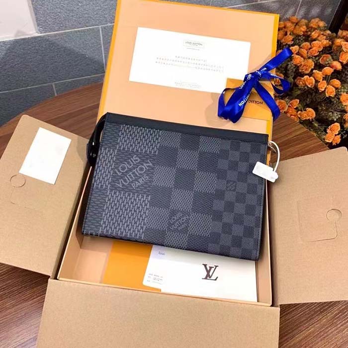Louis Vuitton LV Unisex Pochette Voyage Gray Damier Graphite 3D Coated Canvas Black Cowhide Leather (10)