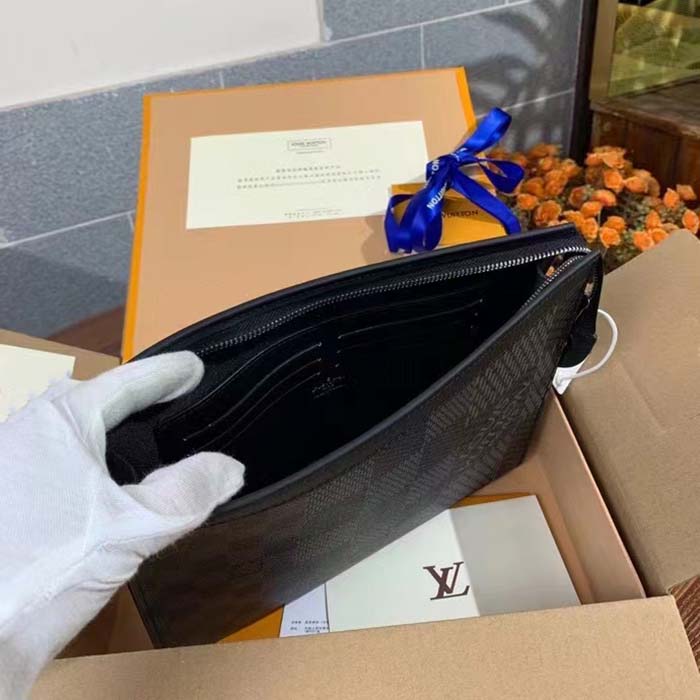 Louis Vuitton LV Unisex Pochette Voyage Gray Damier Graphite 3D Coated Canvas Black Cowhide Leather (5)