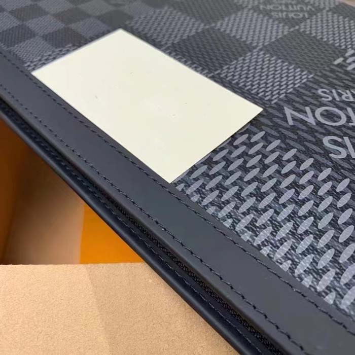 Louis Vuitton LV Unisex Pochette Voyage Gray Damier Graphite 3D Coated Canvas Black Cowhide Leather (9)