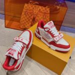 Louis Vuitton LV Unisex Trainer Sneaker Red Monogram Denim Rubber Outsole Monogram Flower - Image 5